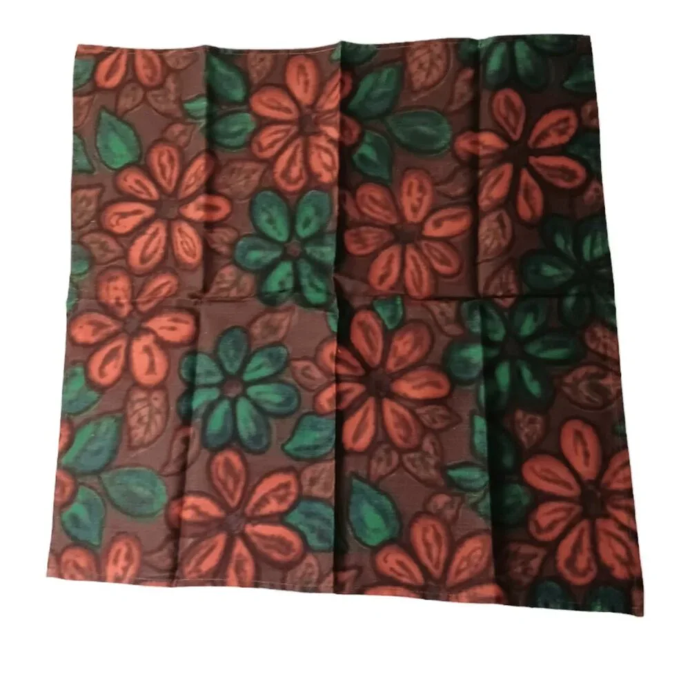 Vintage Mid Century Fabric Napkins Flowers Red Orange Brown Green Set Of 4